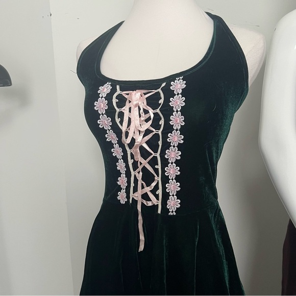 Green Velvet Coquette Fairy Lace-Up Dress ✧ Cottagecore Fairycore OS/SM - Picture 5 of 7